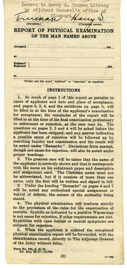 Report of Physical Examination of Harry S. Truman