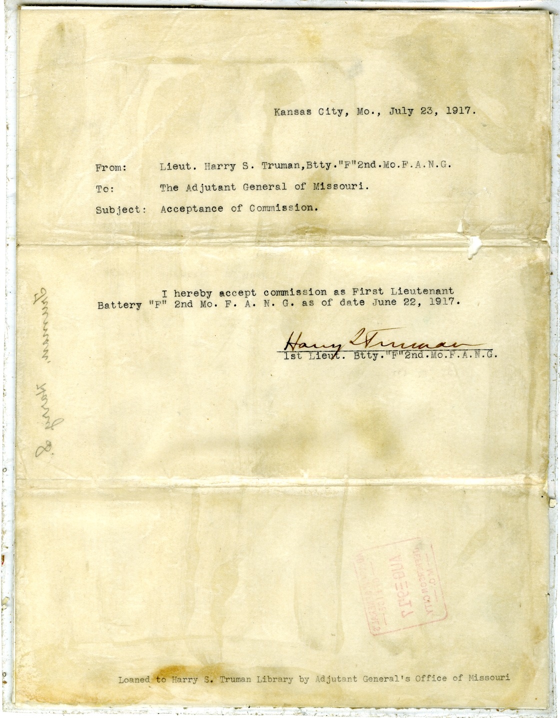 Acceptance of Commission in the Missouri National Guard by Harry S. Truman