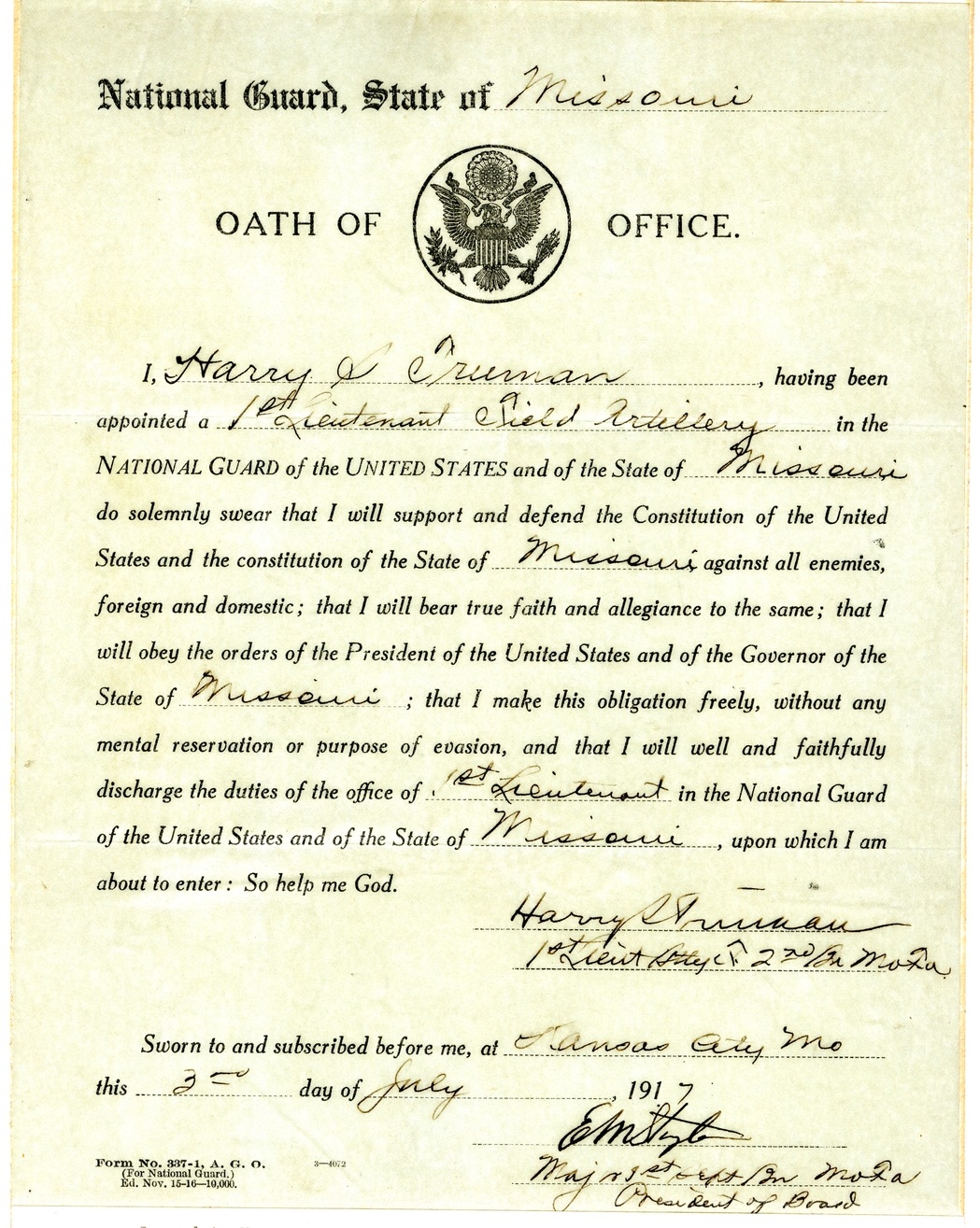 Oath of Office for the National Guard, State of Missouri, for Harry S. Truman