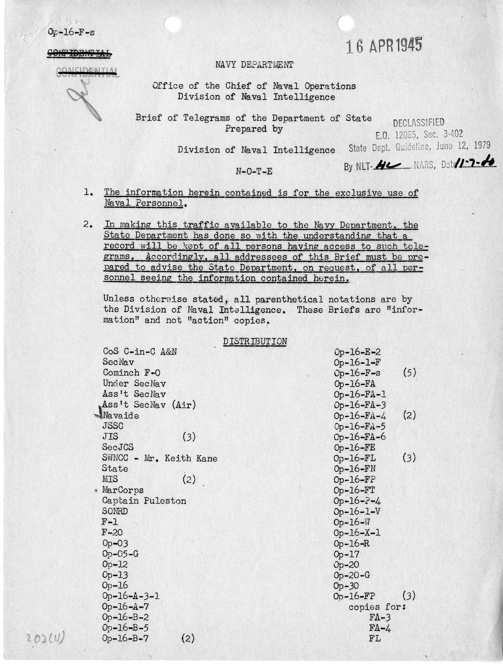 Brief of Telegrams of the Department of State Prepared by Division of Naval Intelligence