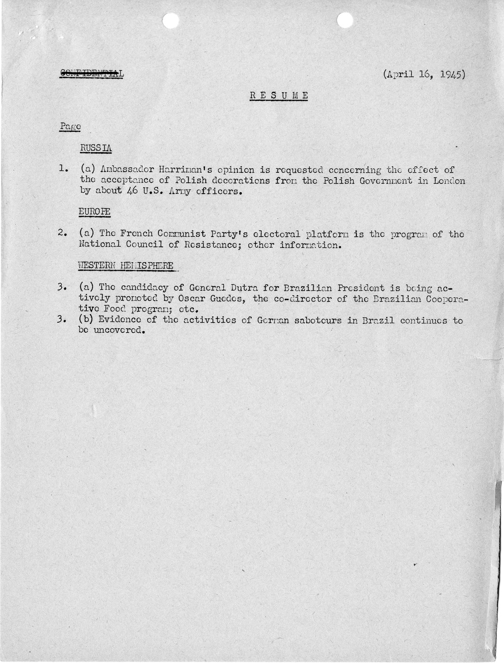 Brief of Telegrams of the Department of State Prepared by Division of Naval Intelligence