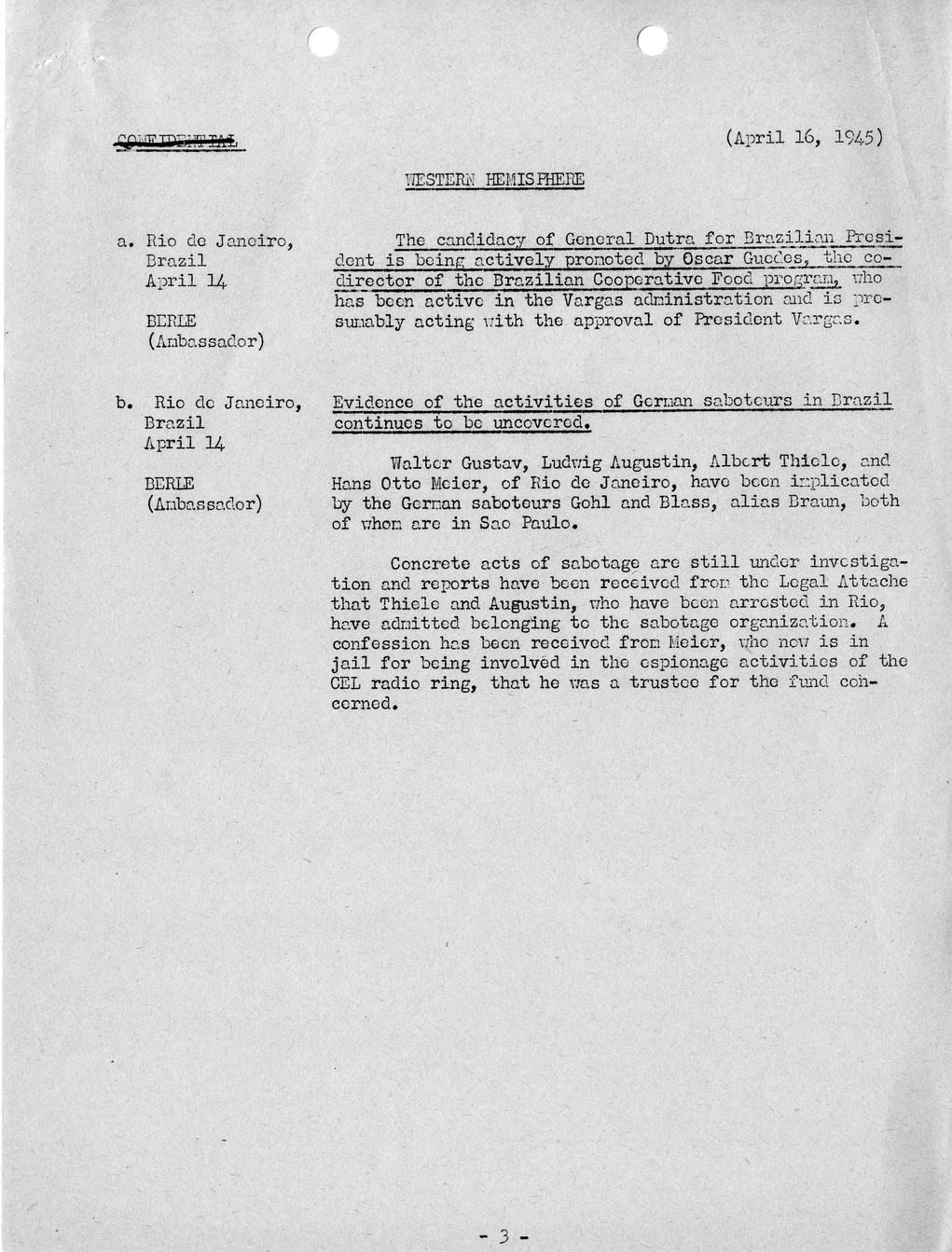 Brief of Telegrams of the Department of State Prepared by Division of Naval Intelligence