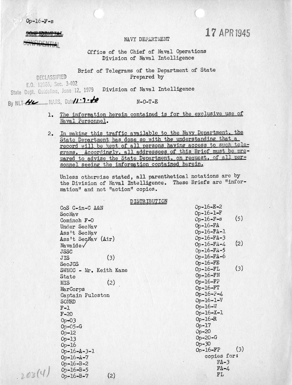 Brief of Telegrams of the Department of State Prepared by Division of Naval Intelligence
