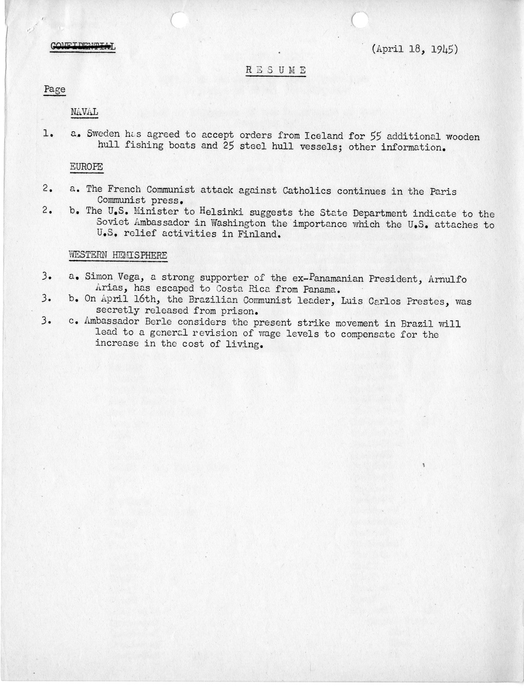Brief of Telegrams of the Department of State Prepared by Division of Naval Intelligence
