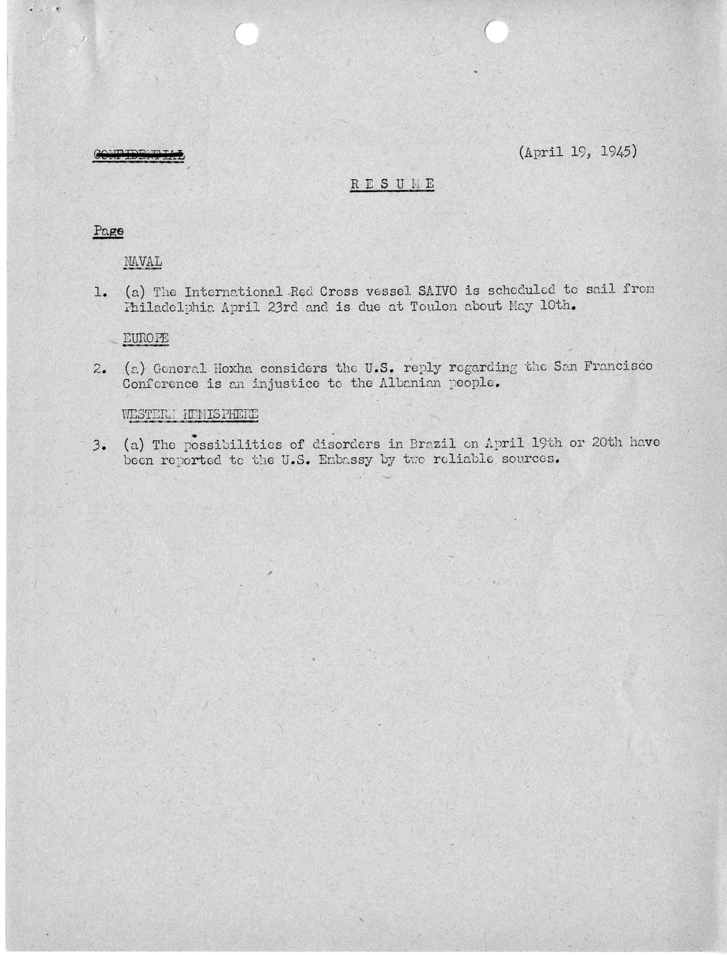 Brief of Telegrams of the Department of State Prepared by Division of Naval Intelligence