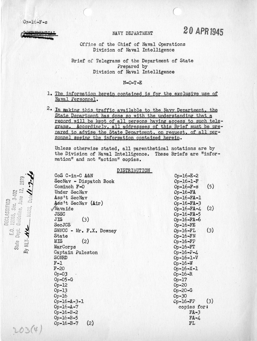 Brief of Telegrams of the Department of State Prepared by Division of Naval Intelligence