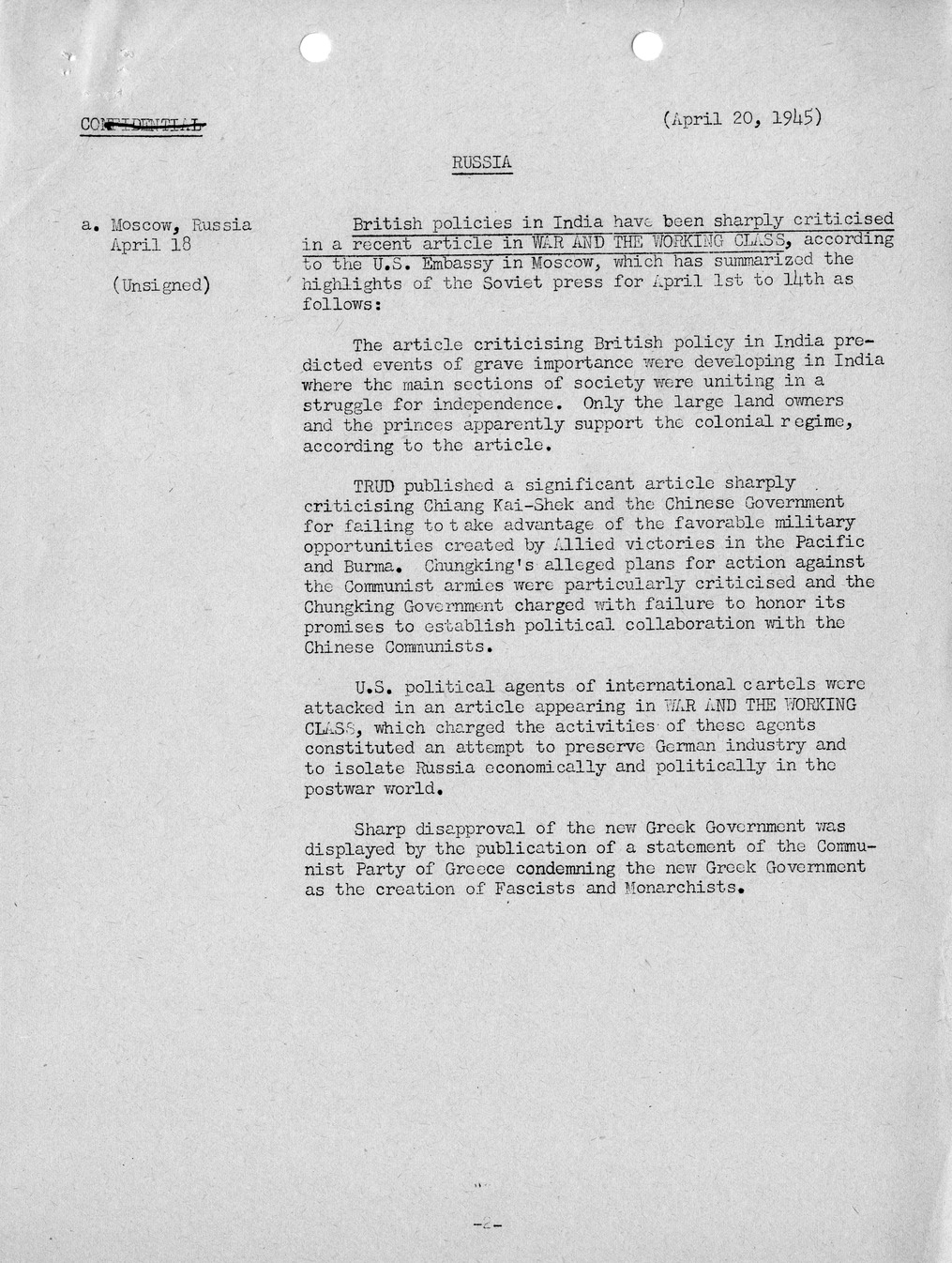 Brief of Telegrams of the Department of State Prepared by Division of Naval Intelligence