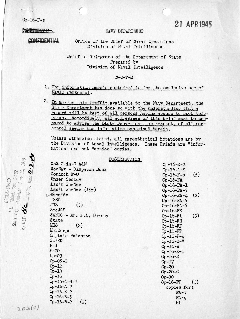 Brief of Telegrams of the Department of State Prepared by Division of Naval Intelligence
