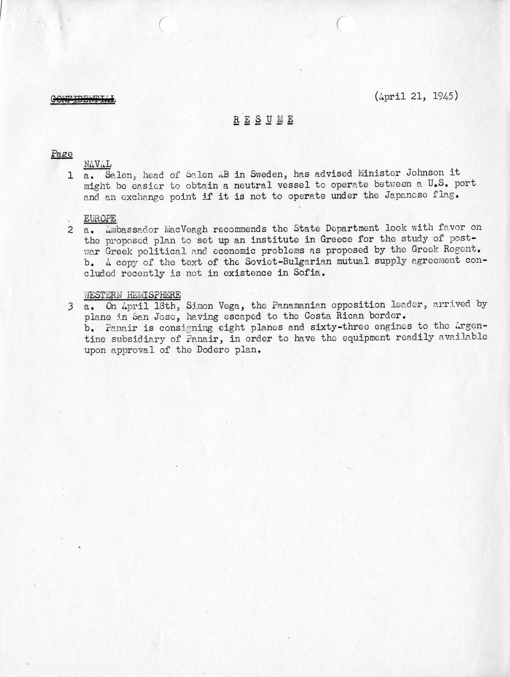 Brief of Telegrams of the Department of State Prepared by Division of Naval Intelligence
