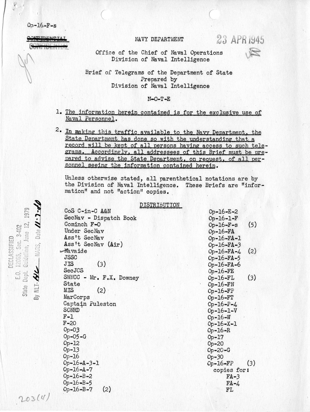 Brief of Telegrams of the Department of State Prepared by Division of Naval Intelligence