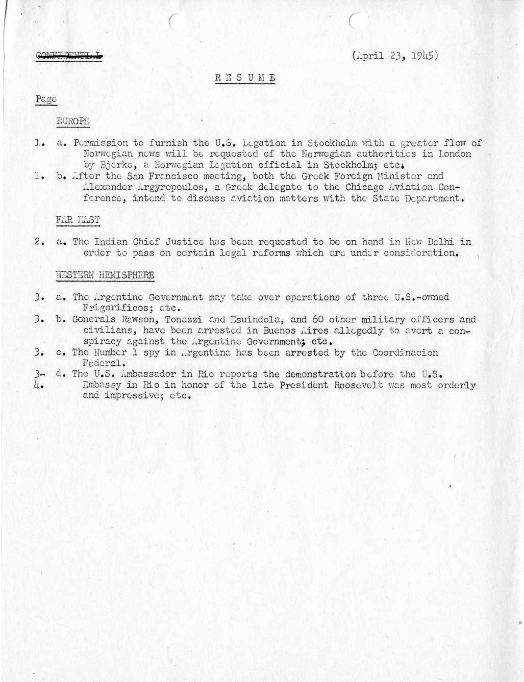 Brief of Telegrams of the Department of State Prepared by Division of Naval Intelligence