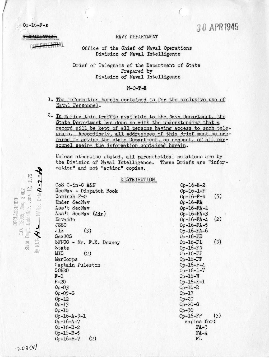 Brief of Telegrams of the Department of State Prepared by Division of Naval Intelligence
