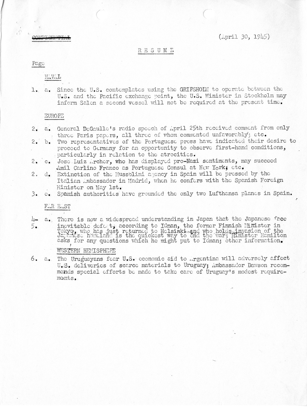 Brief of Telegrams of the Department of State Prepared by Division of Naval Intelligence
