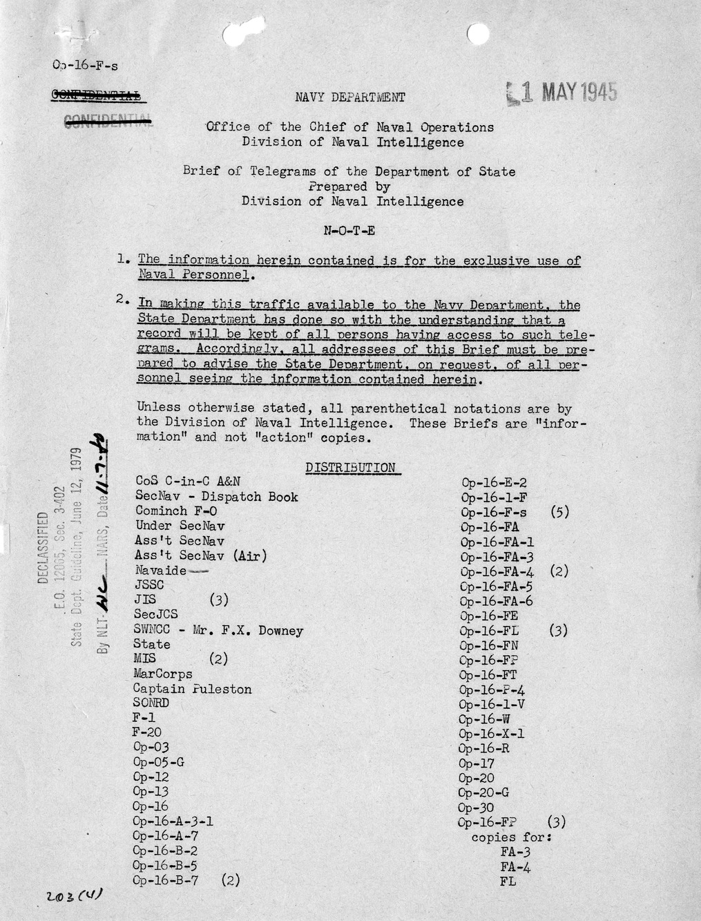 Brief of Telegrams of the Department of State Prepared by Division of Naval Intelligence