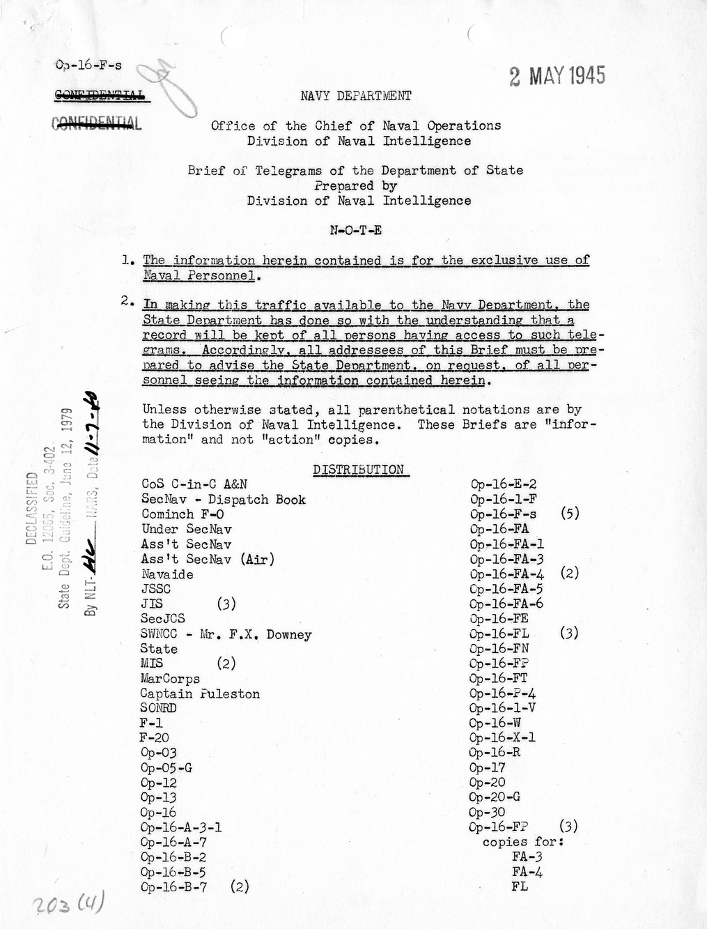 Brief of Telegrams of the Department of State Prepared by Division of Naval Intelligence