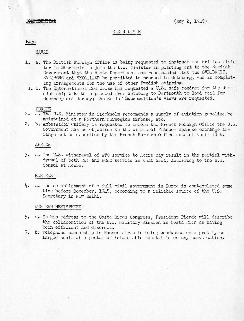 Brief of Telegrams of the Department of State Prepared by Division of Naval Intelligence