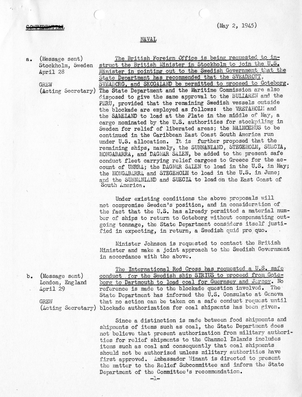 Brief of Telegrams of the Department of State Prepared by Division of Naval Intelligence