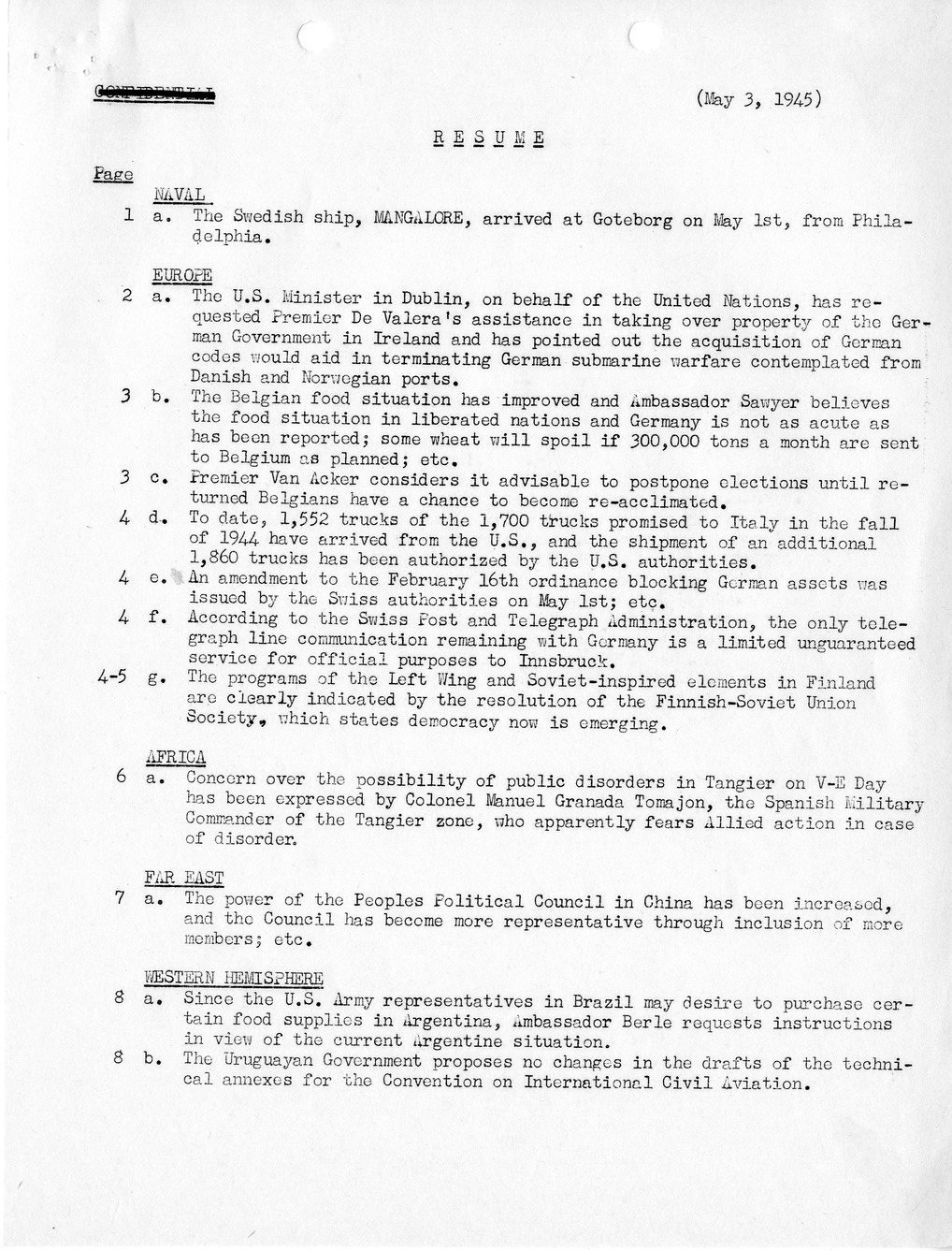 Brief of Telegrams of the Department of State Prepared by Division of Naval Intelligence