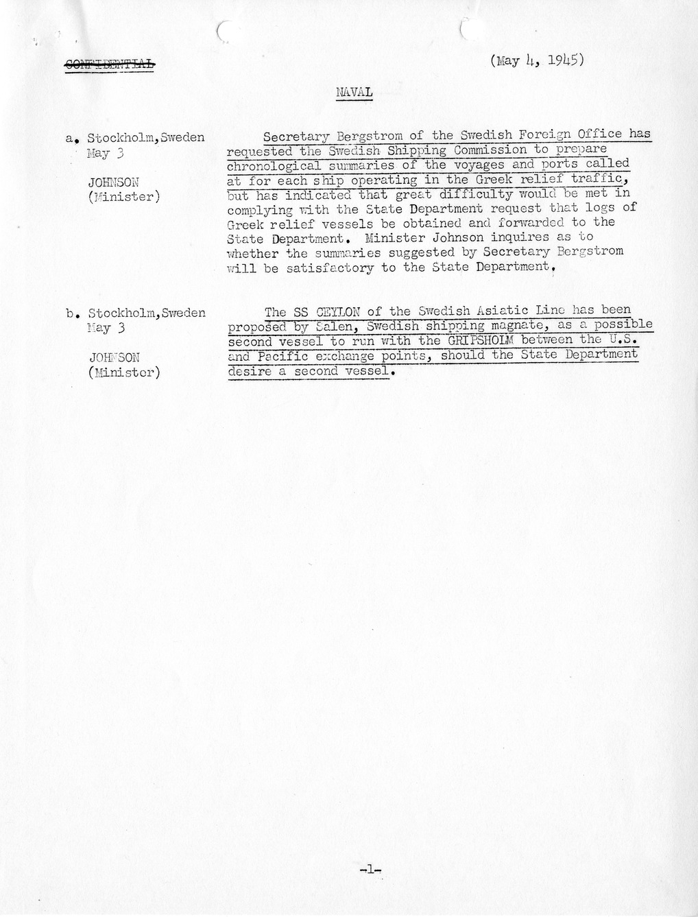 Brief of Telegrams of the Department of State Prepared by Division of Naval Intelligence