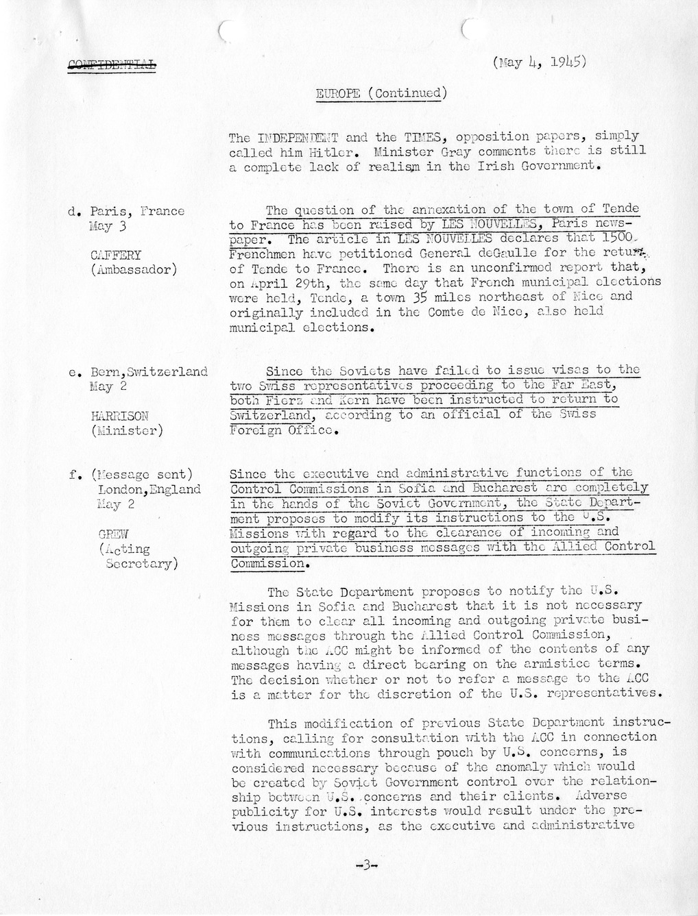 Brief of Telegrams of the Department of State Prepared by Division of Naval Intelligence