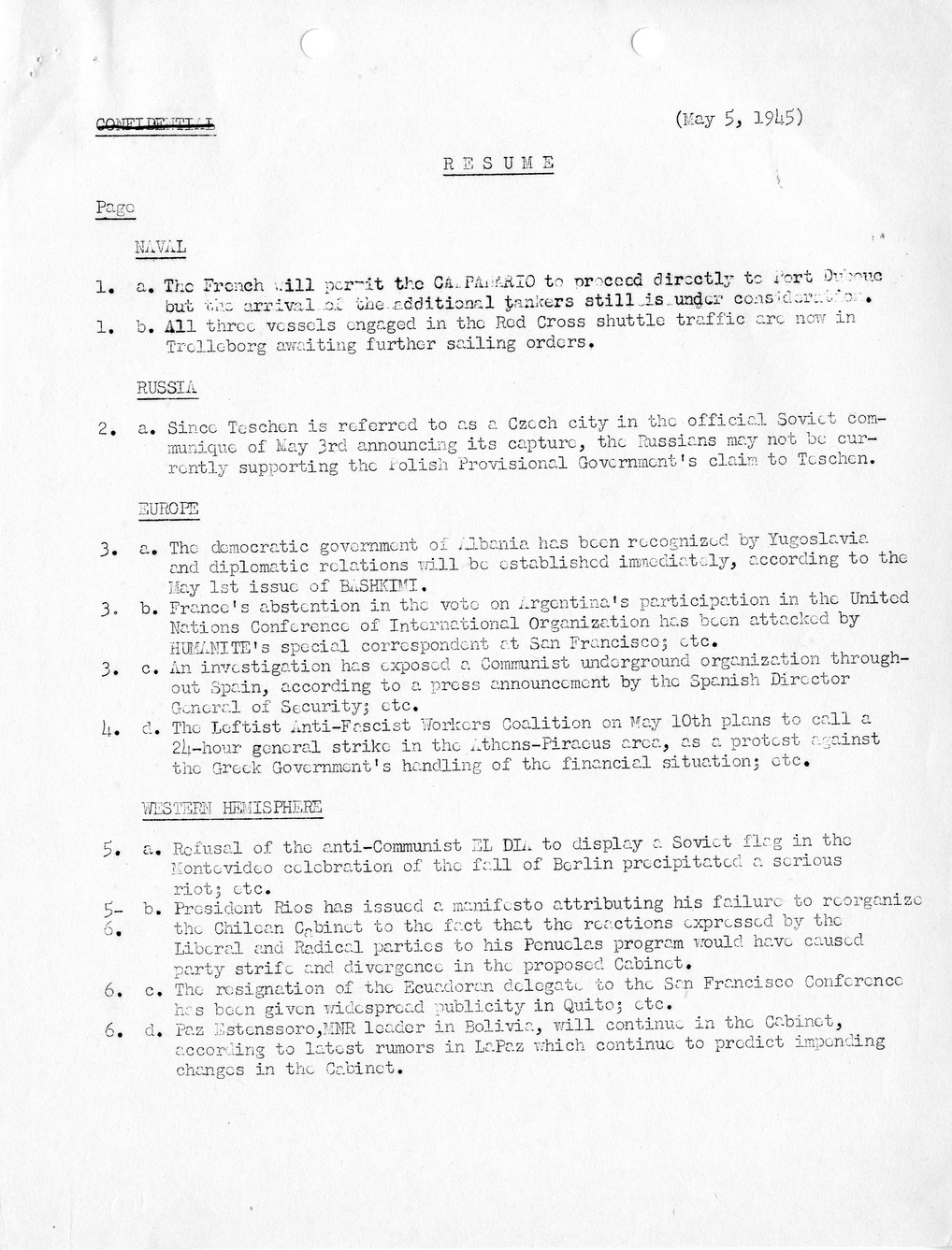 Brief of Telegrams of the Department of State Prepared by Division of Naval Intelligence
