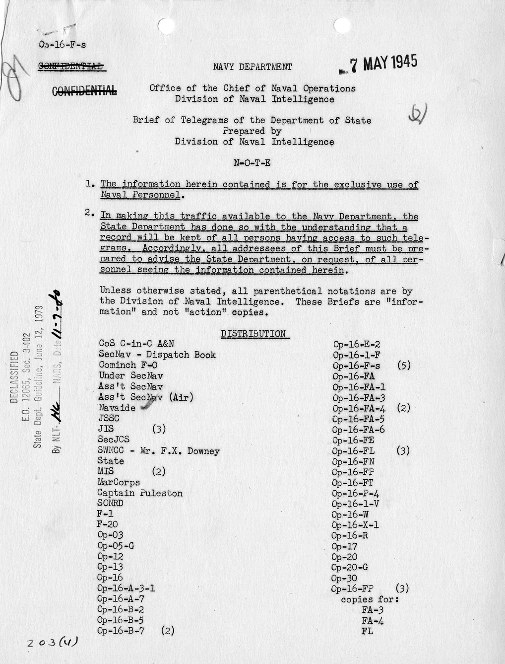Brief of Telegrams of the Department of State Prepared by Division of Naval Intelligence