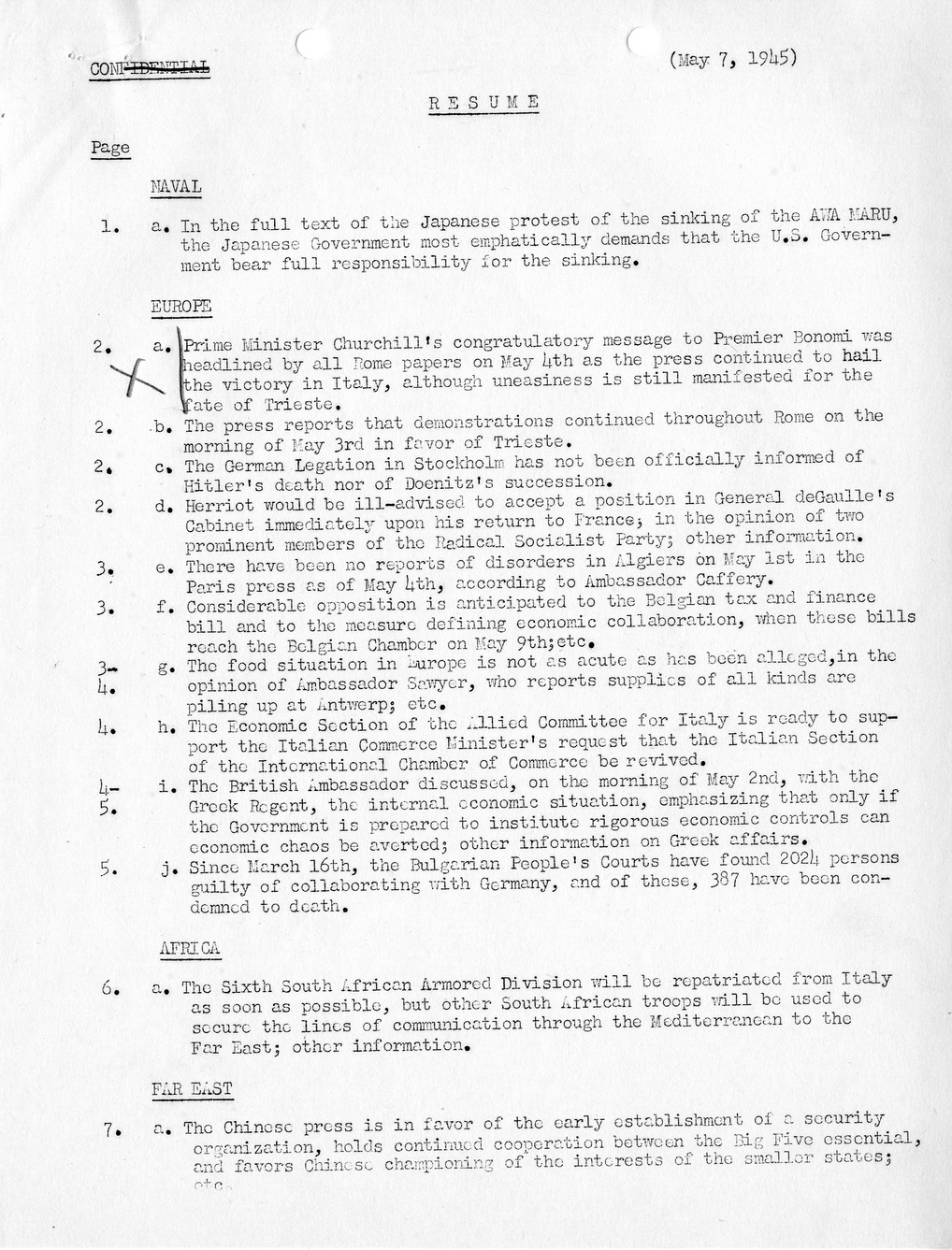 Brief of Telegrams of the Department of State Prepared by Division of Naval Intelligence