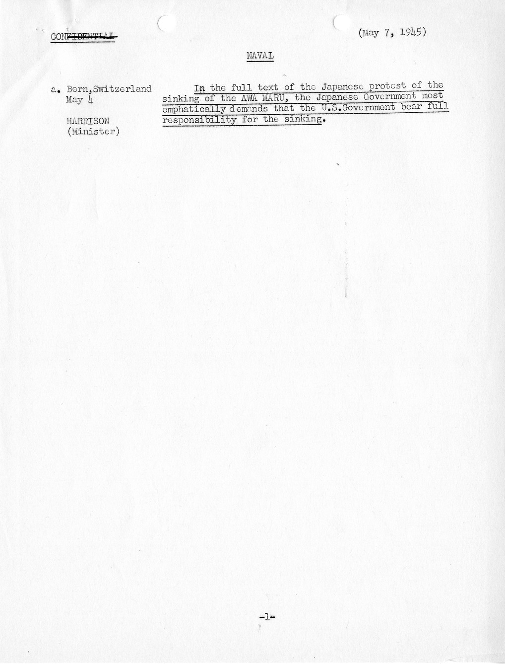 Brief of Telegrams of the Department of State Prepared by Division of Naval Intelligence