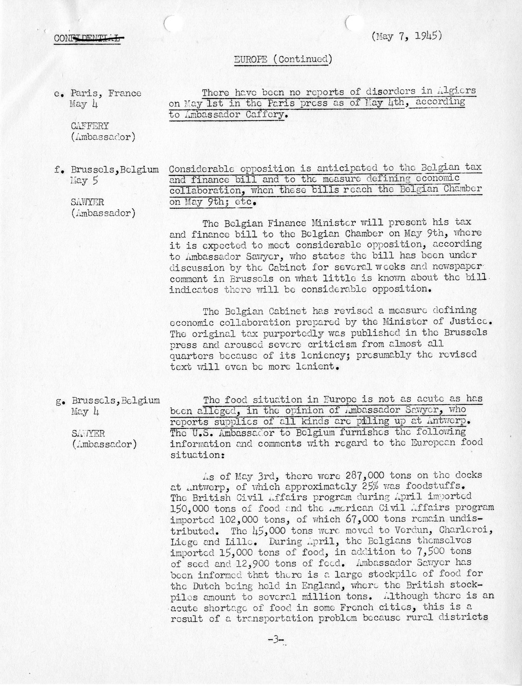 Brief of Telegrams of the Department of State Prepared by Division of Naval Intelligence
