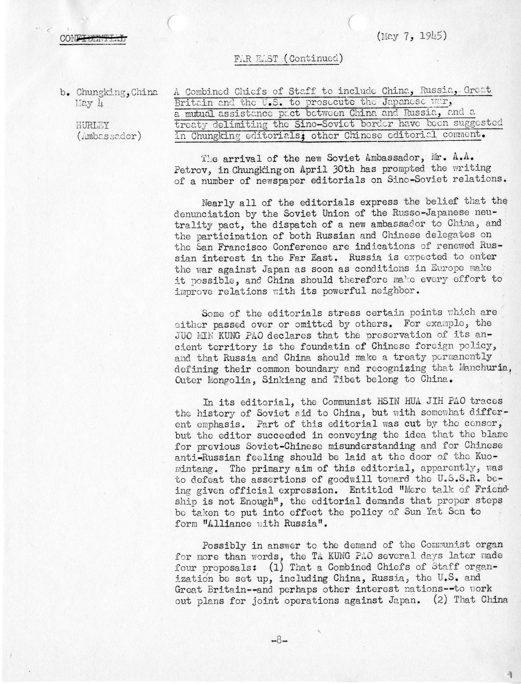 Brief of Telegrams of the Department of State Prepared by Division of Naval Intelligence