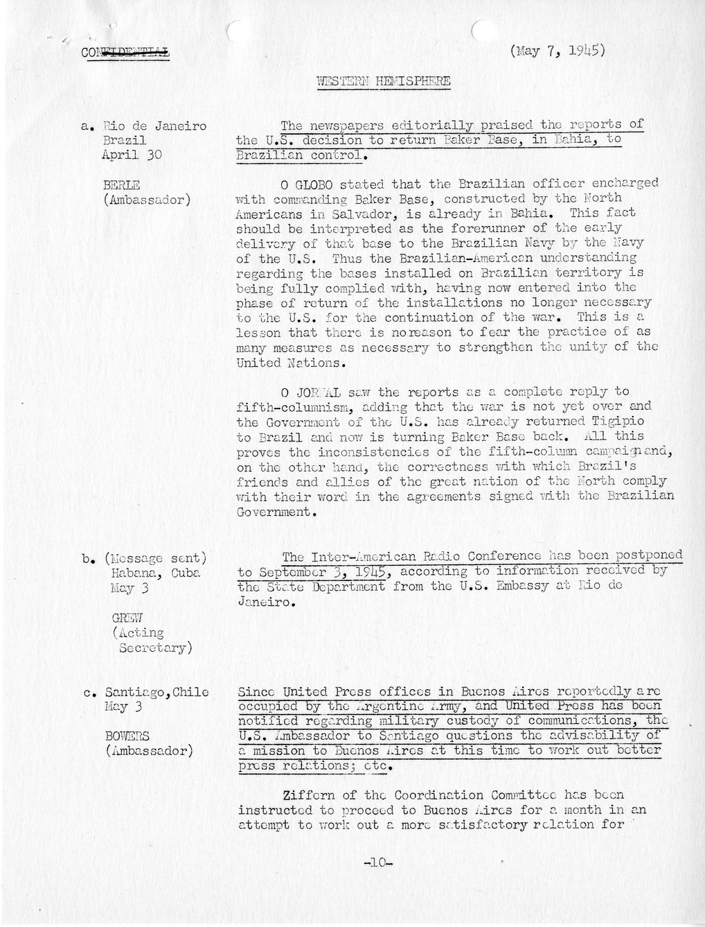 Brief of Telegrams of the Department of State Prepared by Division of Naval Intelligence