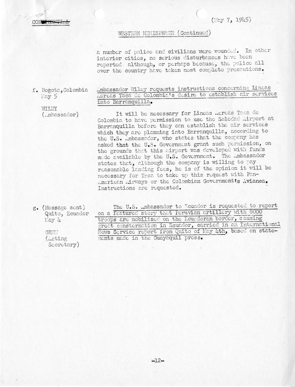 Brief of Telegrams of the Department of State Prepared by Division of Naval Intelligence