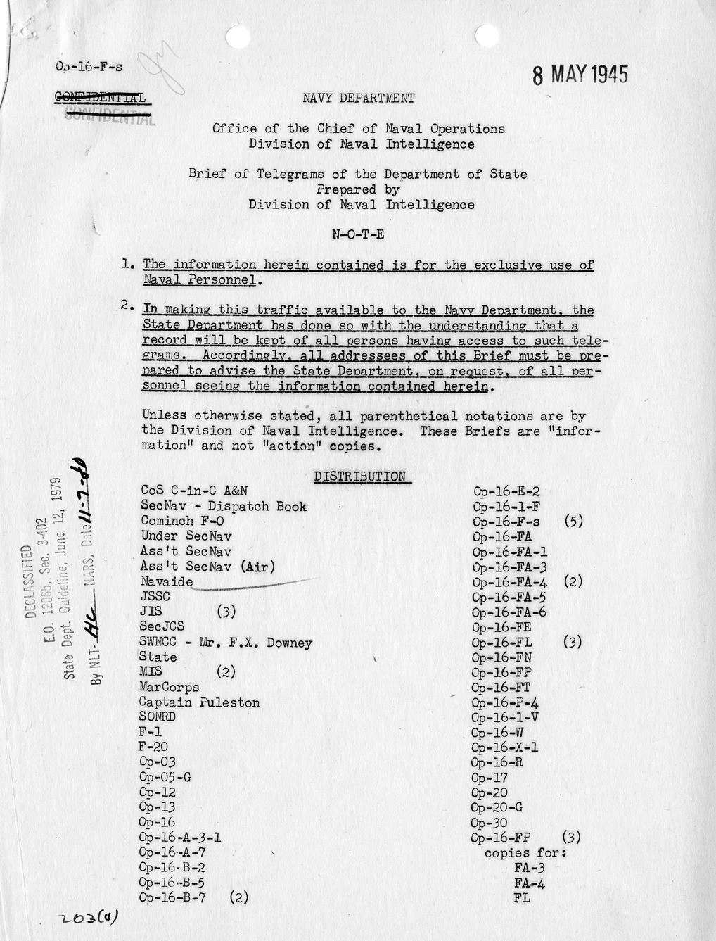 Brief of Telegrams of the Department of State Prepared by Division of Naval Intelligence