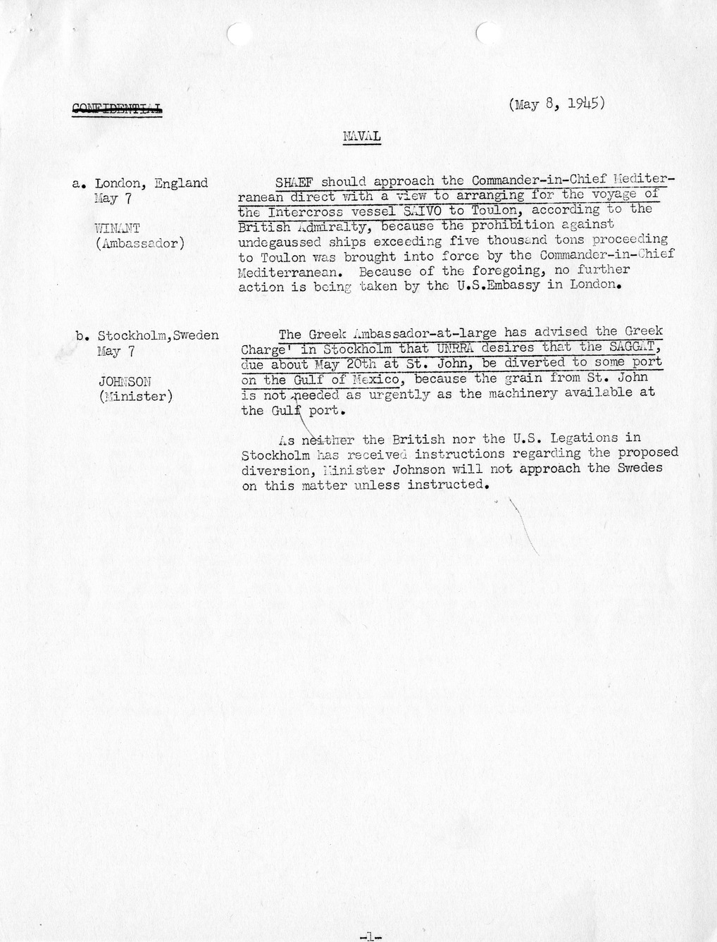 Brief of Telegrams of the Department of State Prepared by Division of Naval Intelligence