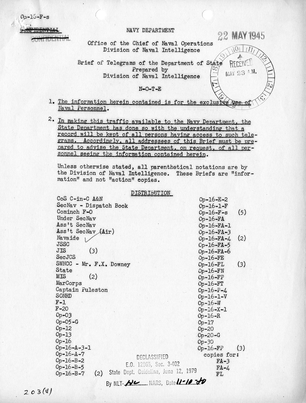 Brief of Telegrams of the Department of State Prepared by Division of Naval Intelligence