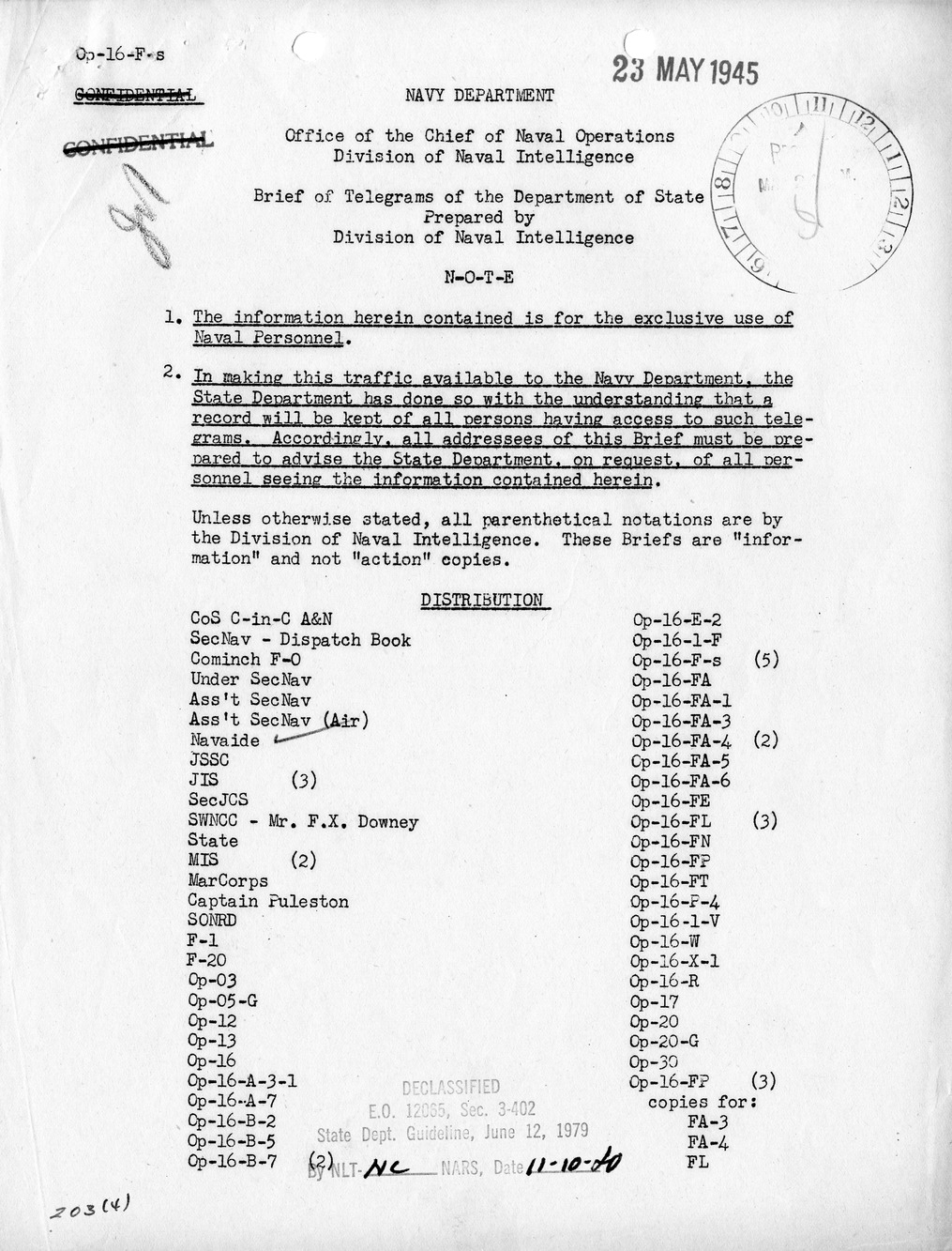 Brief of Telegrams of the Department of State Prepared by Division of Naval Intelligence