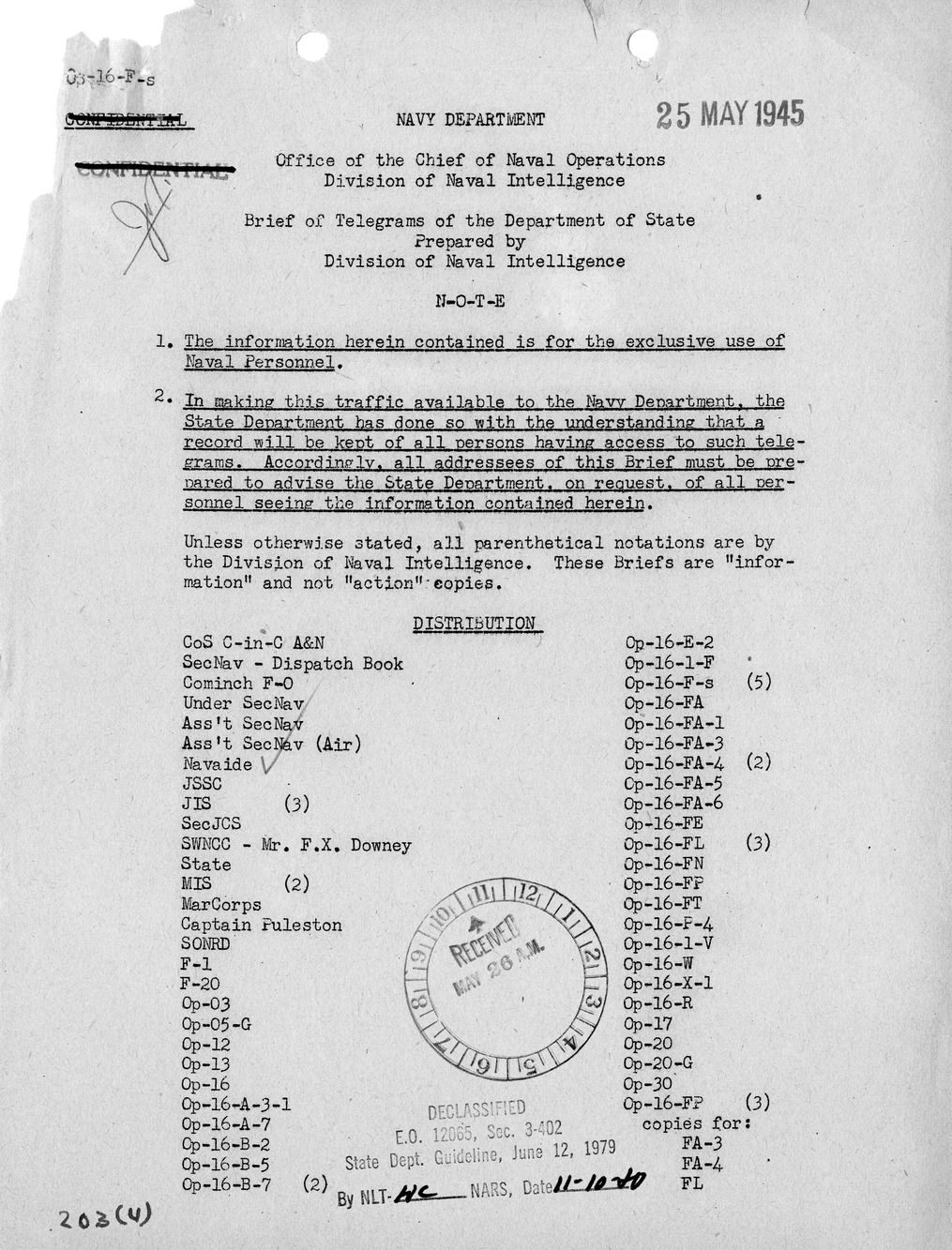 Brief of Telegrams of the Department of State Prepared by Division of Naval Intelligence