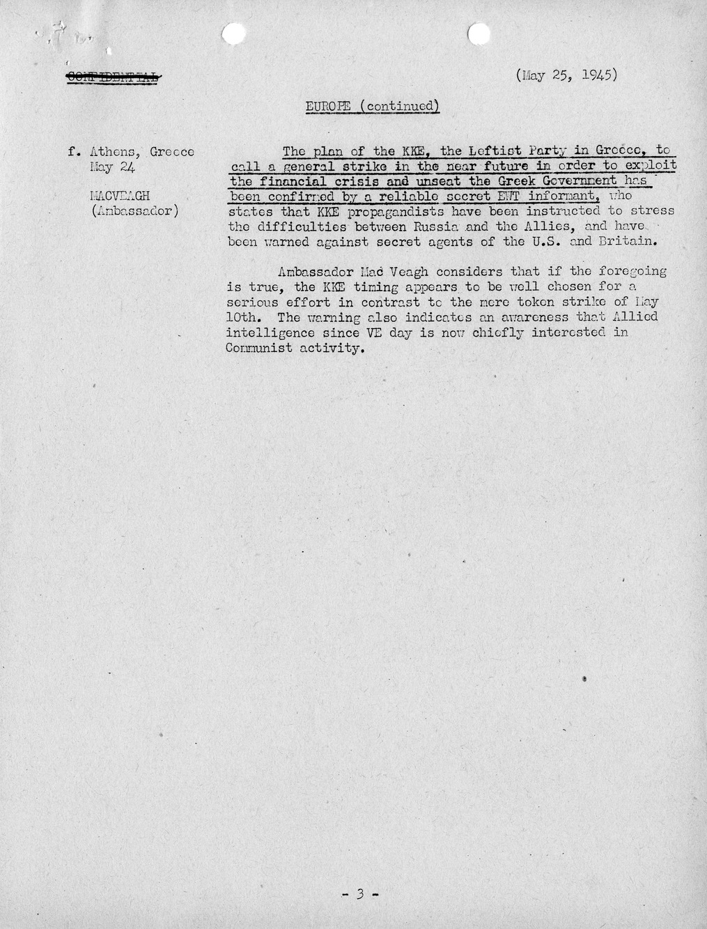 Brief of Telegrams of the Department of State Prepared by Division of Naval Intelligence