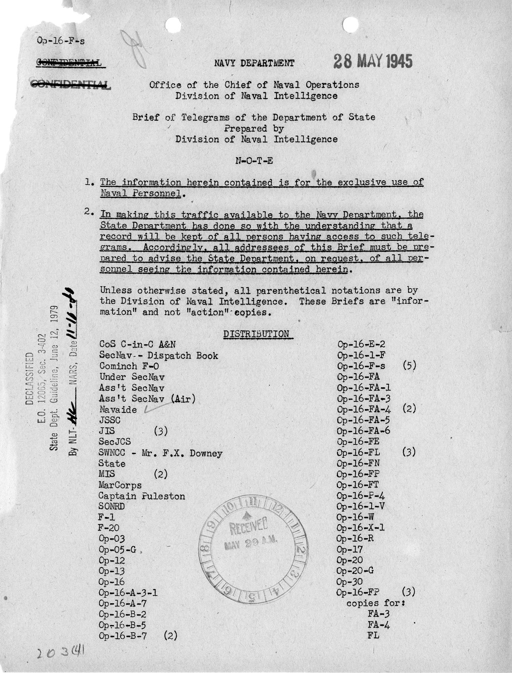 Brief of Telegrams of the Department of State Prepared by Division of Naval Intelligence