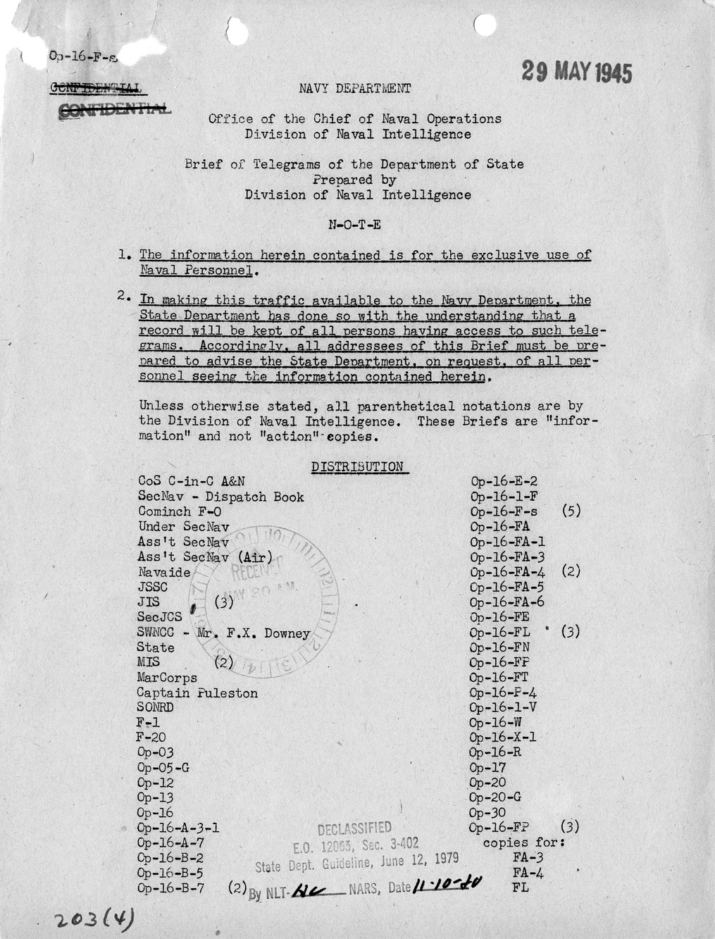 Brief of Telegrams of the Department of State Prepared by Division of Naval Intelligence