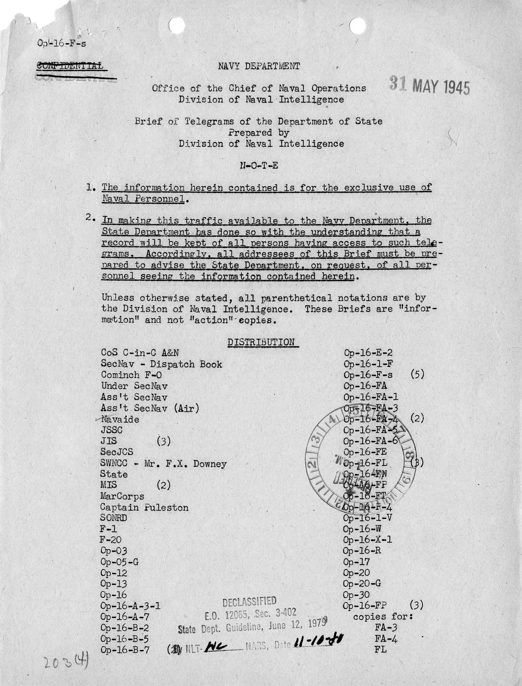 Brief of Telegrams of the Department of State Prepared by Division of Naval Intelligence