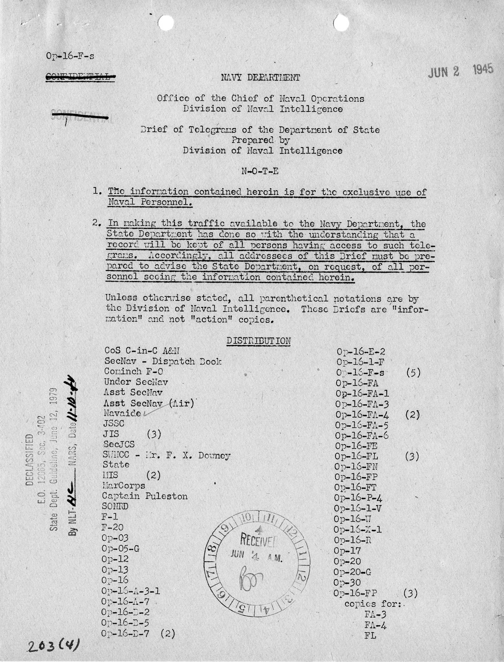 Brief of Telegrams of the Department of State Prepared by Division of Naval Intelligence