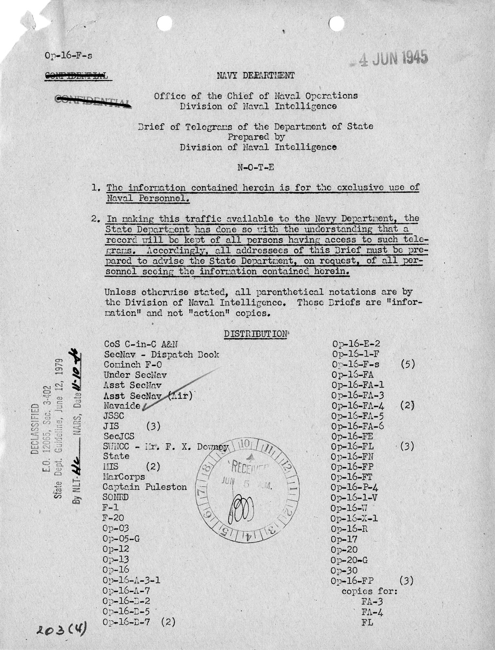 Brief of Telegrams of the Department of State Prepared by Division of Naval Intelligence