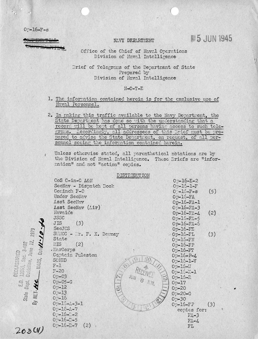 Brief of Telegrams of the Department of State Prepared by Division of Naval Intelligence