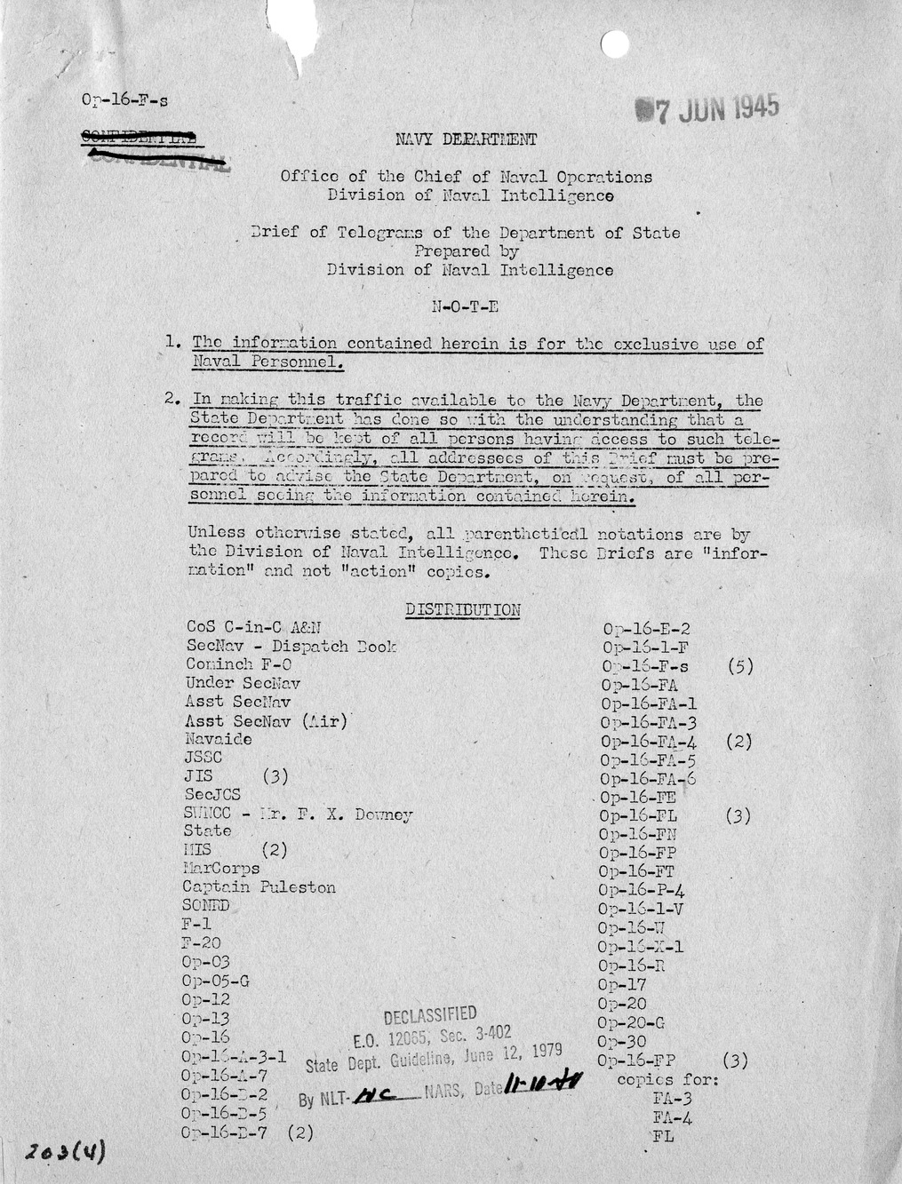 Brief of Telegrams of the Department of State Prepared by Division of Naval Intelligence