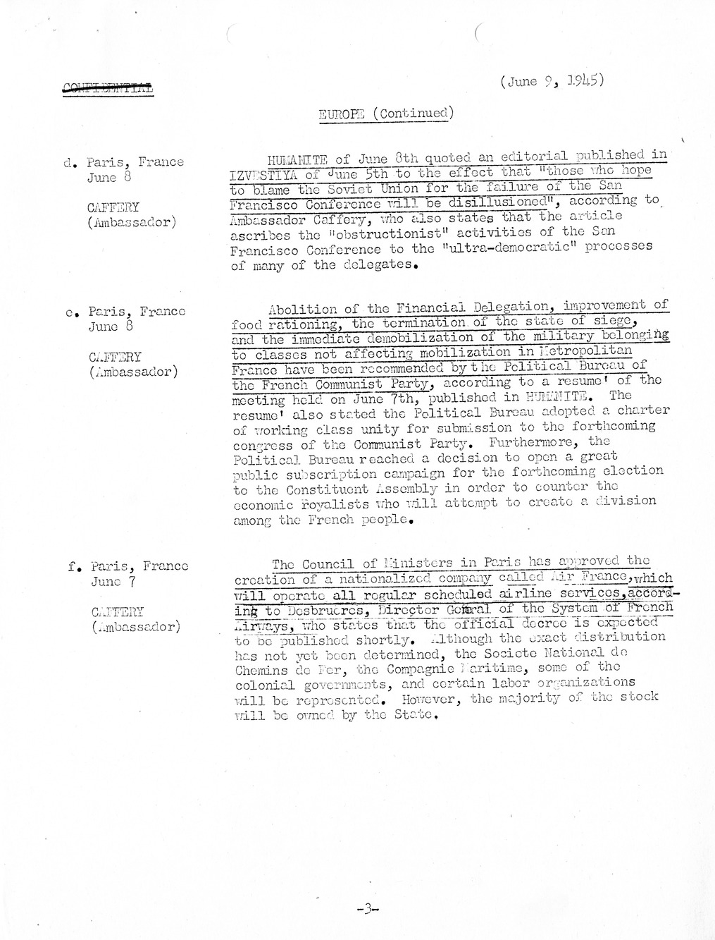 Brief of Telegrams of the Department of State Prepared by Division of Naval Intelligence