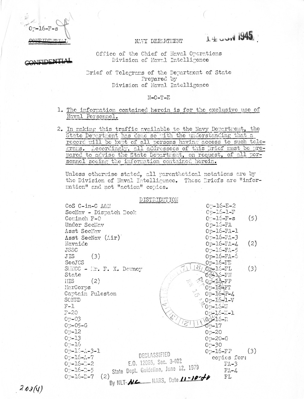 Brief of Telegrams of the Department of State Prepared by Division of Naval Intelligence