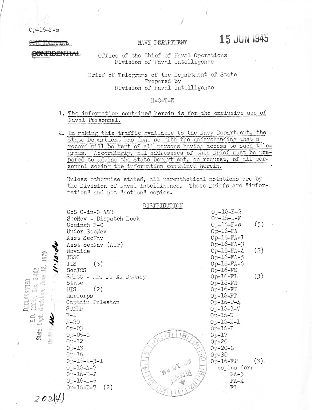 Brief of Telegrams of the Department of State Prepared by Division of Naval Intelligence