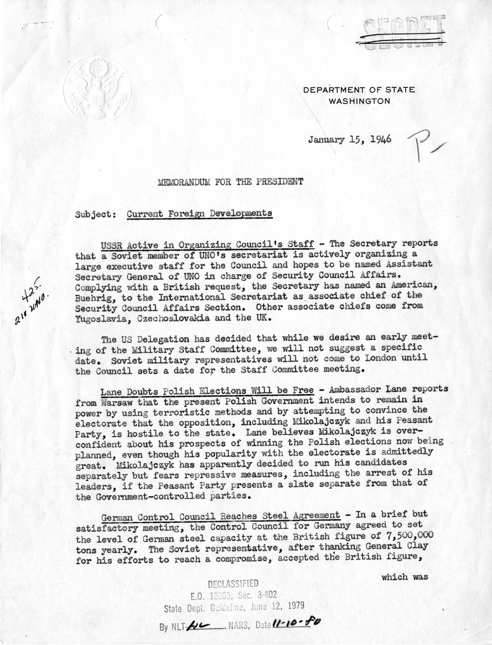Department of State Memorandum for the President