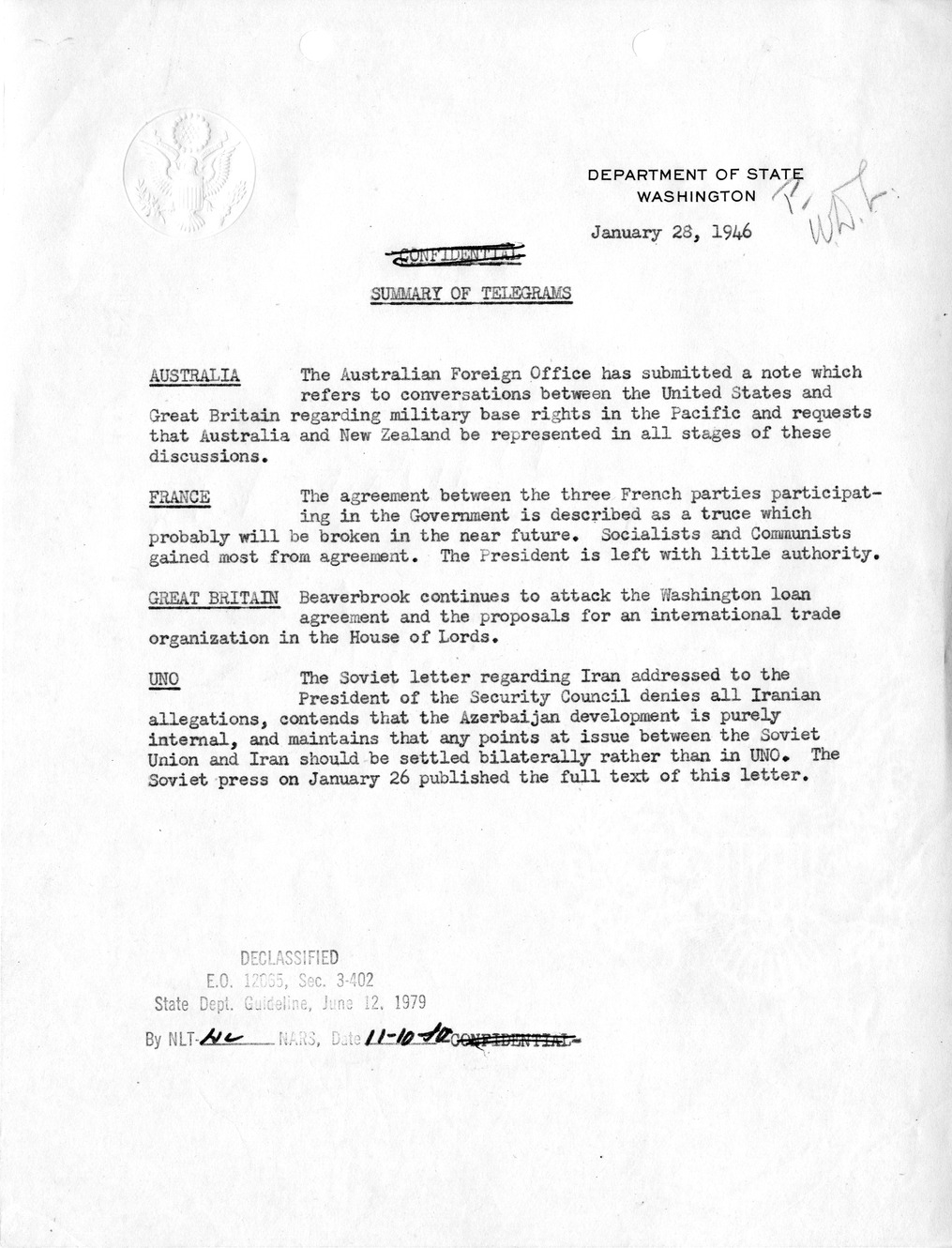 Memorandum, Department of State Summary of Telegrams